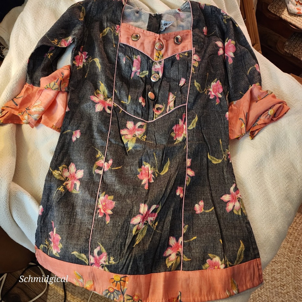 Tulsi Dresses Floral Tunic Top Grey Pink Peach Boho Flared Sleeve Size 36 India